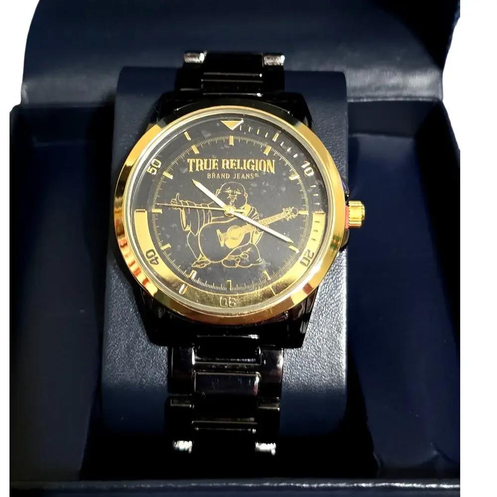 True Religion Men’s Gunmetal Gold Bracelet Buddha Guitar Logo Watch TRM102